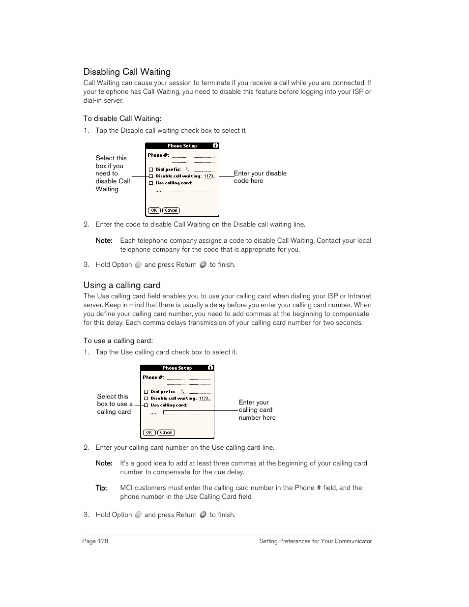 Disabling call waiting, To disable call waiting, Using a calling card | To use a calling card | Handspring Treo 180 User Manual | Page 178 / 235