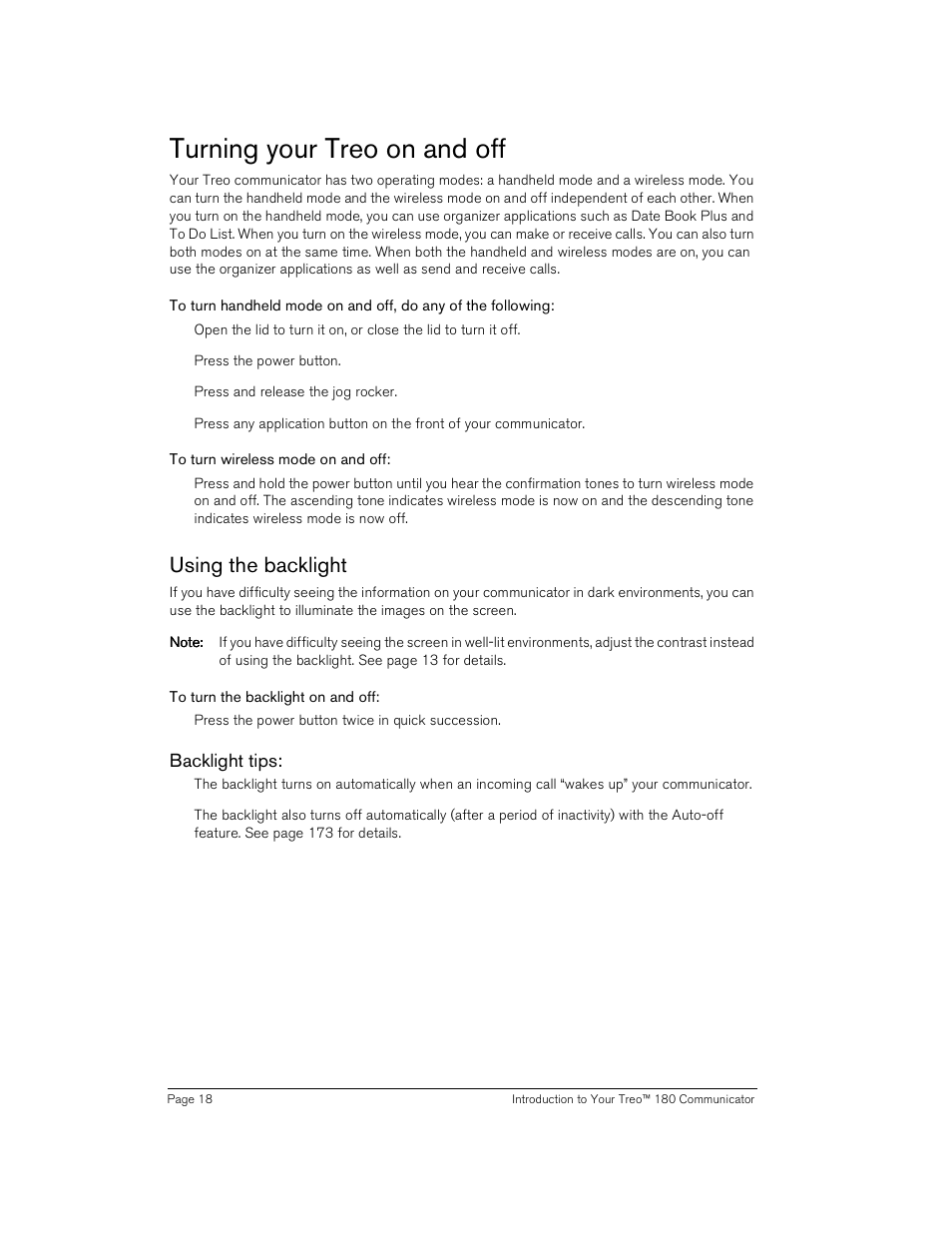 Turning your treo on and off, To turn wireless mode on and off, Using the backlight | To turn the backlight on and off, Backlight tips, E 18 | Handspring Treo 180 User Manual | Page 18 / 235