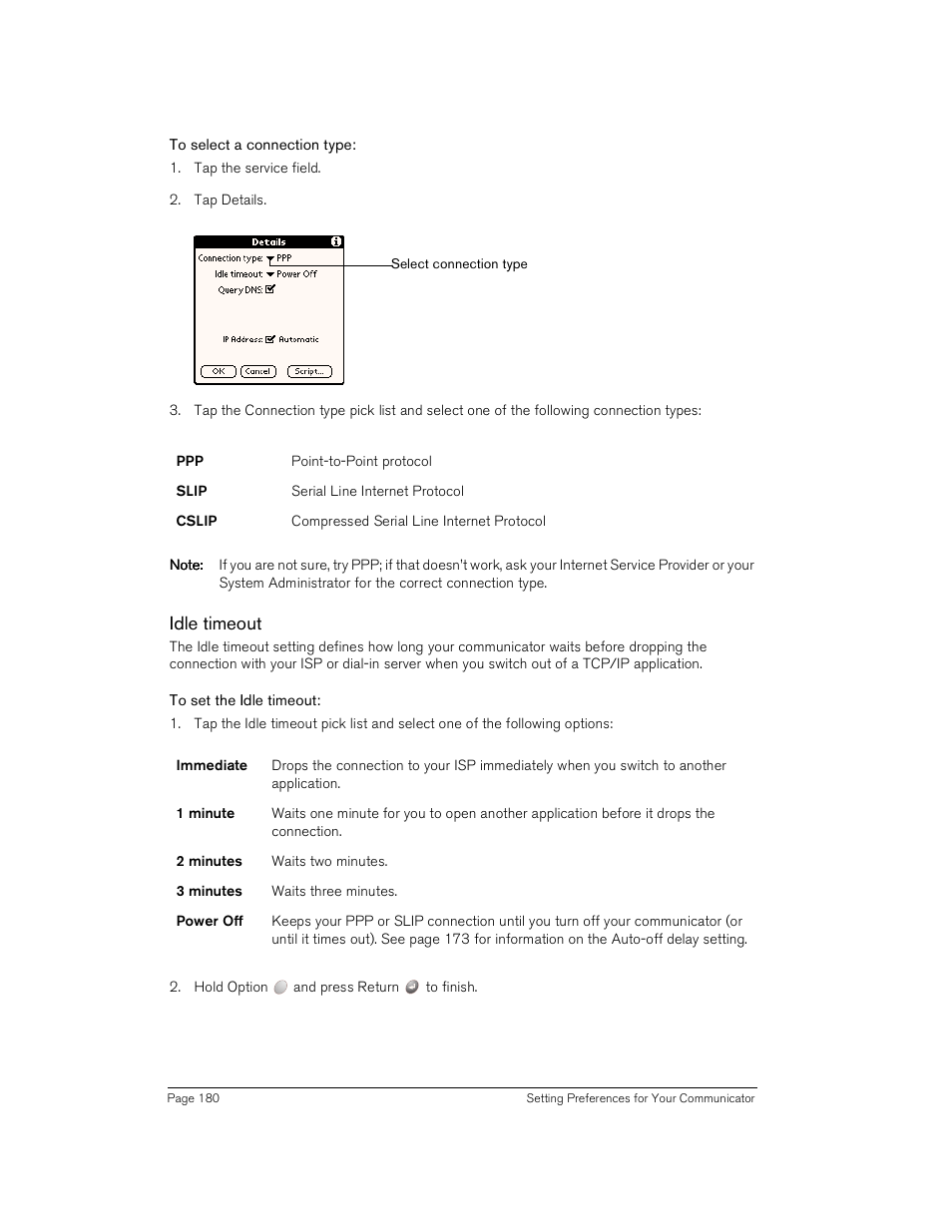 To select a connection type, Idle timeout, To set the idle timeout | Handspring Treo 180 User Manual | Page 180 / 235