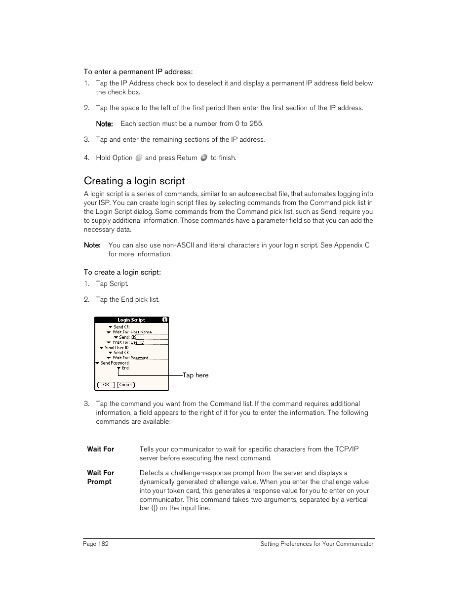 To enter a permanent ip address, Creating a login script, To create a login script | Handspring Treo 180 User Manual | Page 182 / 235