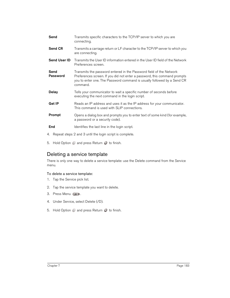 Deleting a service template, To delete a service template | Handspring Treo 180 User Manual | Page 183 / 235