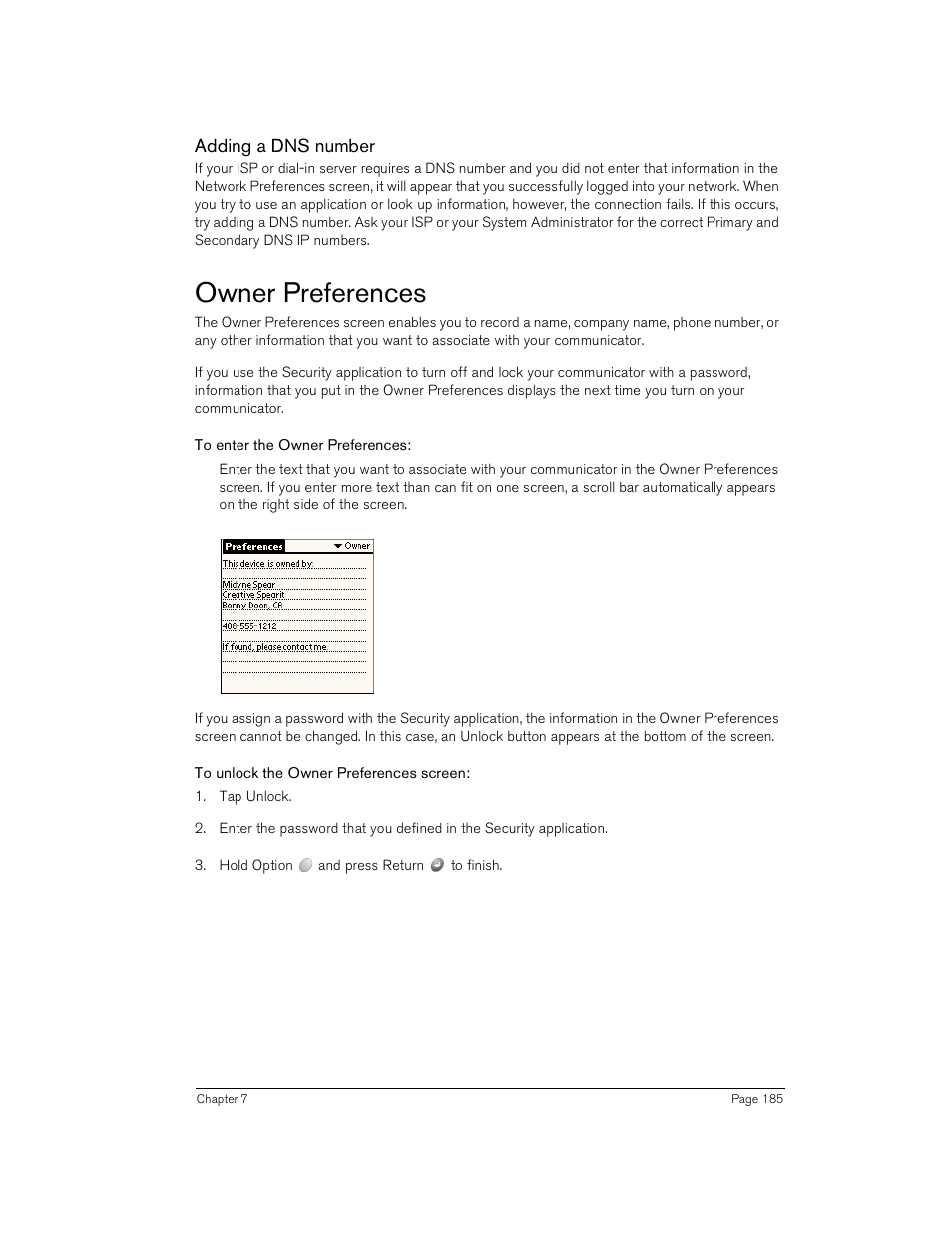 Adding a dns number, Owner preferences, To enter the owner preferences | To unlock the owner preferences screen | Handspring Treo 180 User Manual | Page 185 / 235