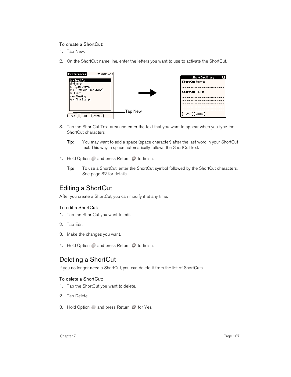 To create a shortcut, Editing a shortcut, To edit a shortcut | Deleting a shortcut, To delete a shortcut, Editing a shortcut deleting a shortcut | Handspring Treo 180 User Manual | Page 187 / 235