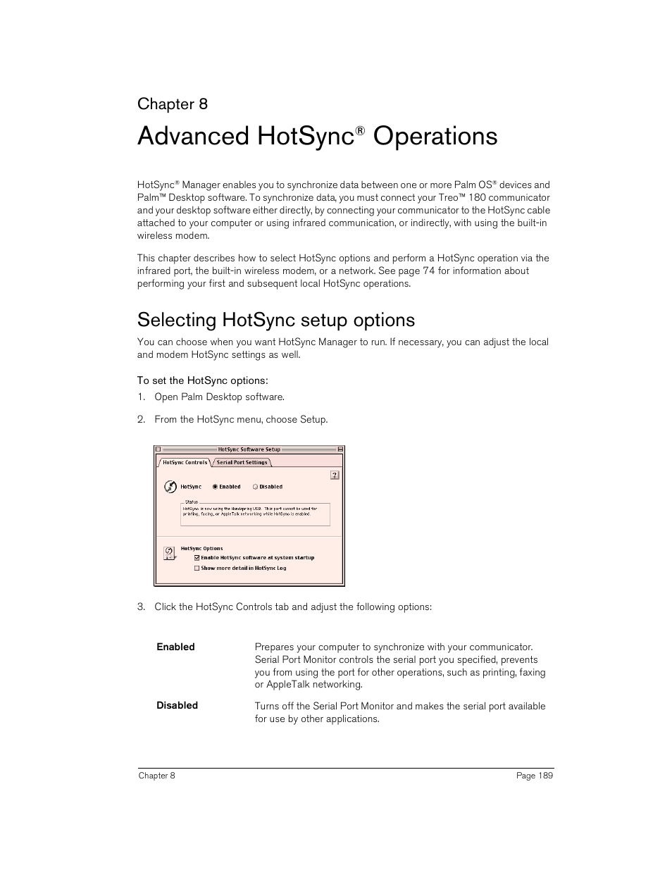 Advanced hotsync® operations, Selecting hotsync setup options, To set the hotsync options | Advanced hotsync, Operations, Chapter 8 | Handspring Treo 180 User Manual | Page 189 / 235