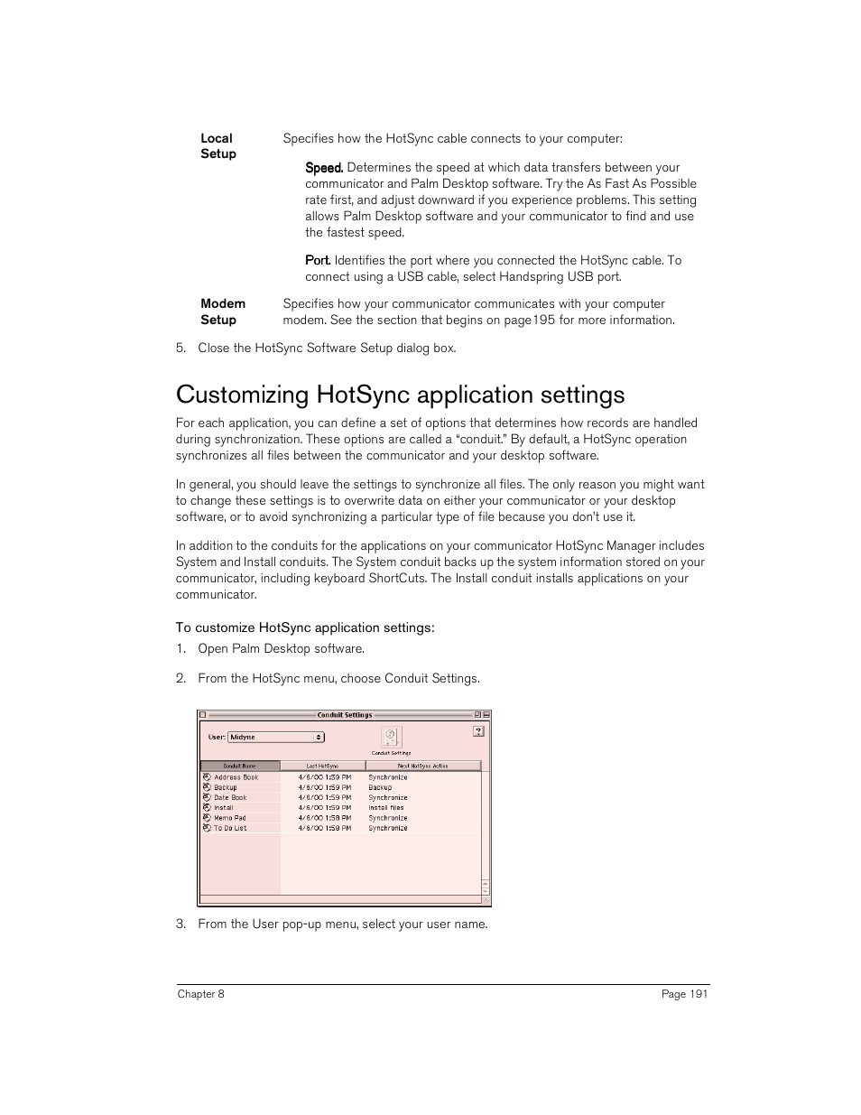 Customizing hotsync application settings, To customize hotsync application settings | Handspring Treo 180 User Manual | Page 191 / 235