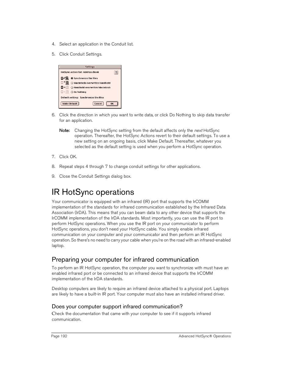Ir hotsync operations, Preparing your computer for infrared communication, Does your computer support infrared communication | 192 f | Handspring Treo 180 User Manual | Page 192 / 235