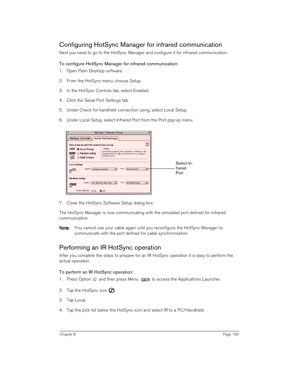 Performing an ir hotsync operation, To perform an ir hotsync operation | Handspring Treo 180 User Manual | Page 193 / 235