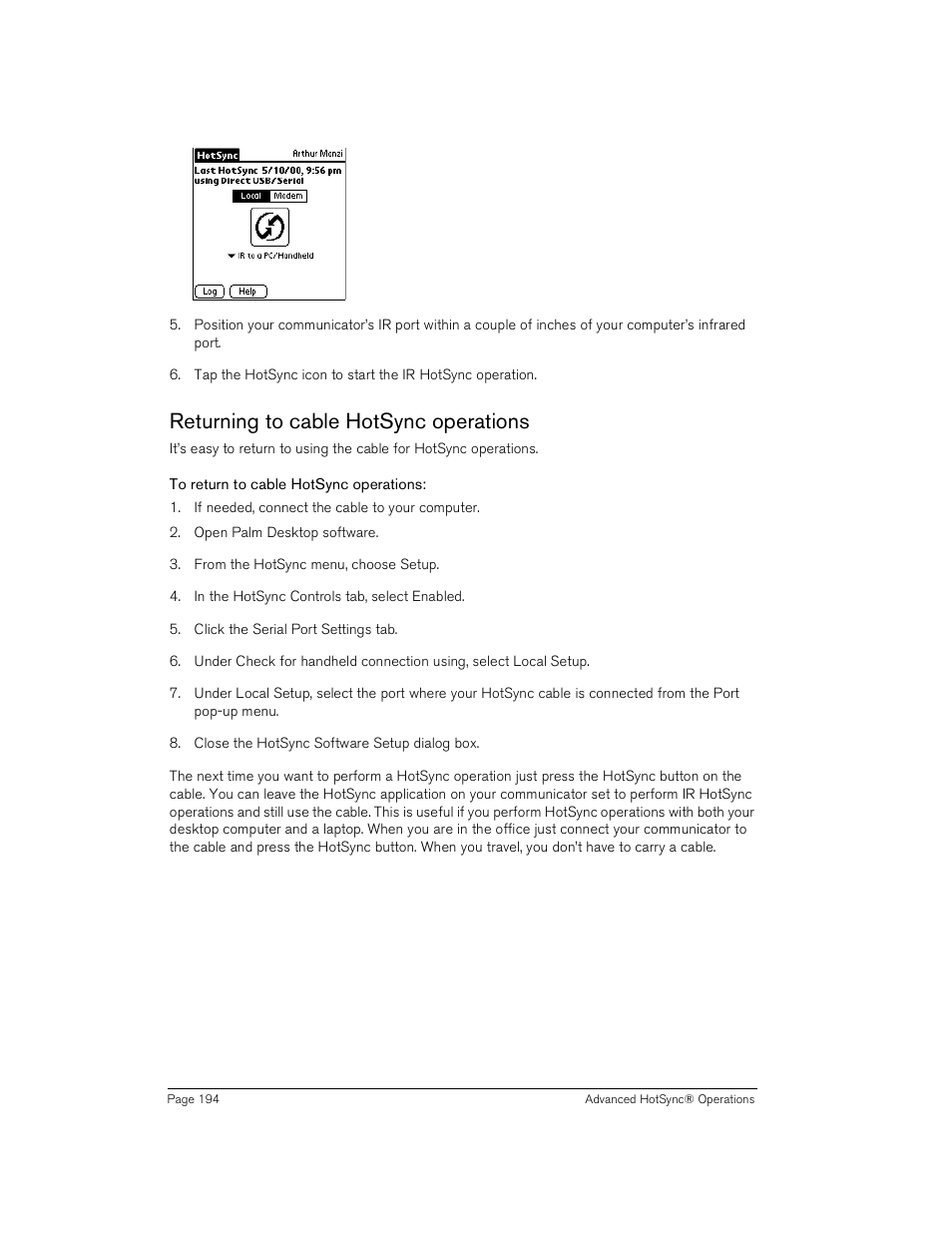 Returning to cable hotsync operations, To return to cable hotsync operations | Handspring Treo 180 User Manual | Page 194 / 235