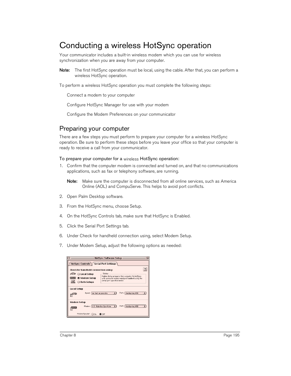 Conducting a wireless hotsync operation, Preparing your computer | Handspring Treo 180 User Manual | Page 195 / 235