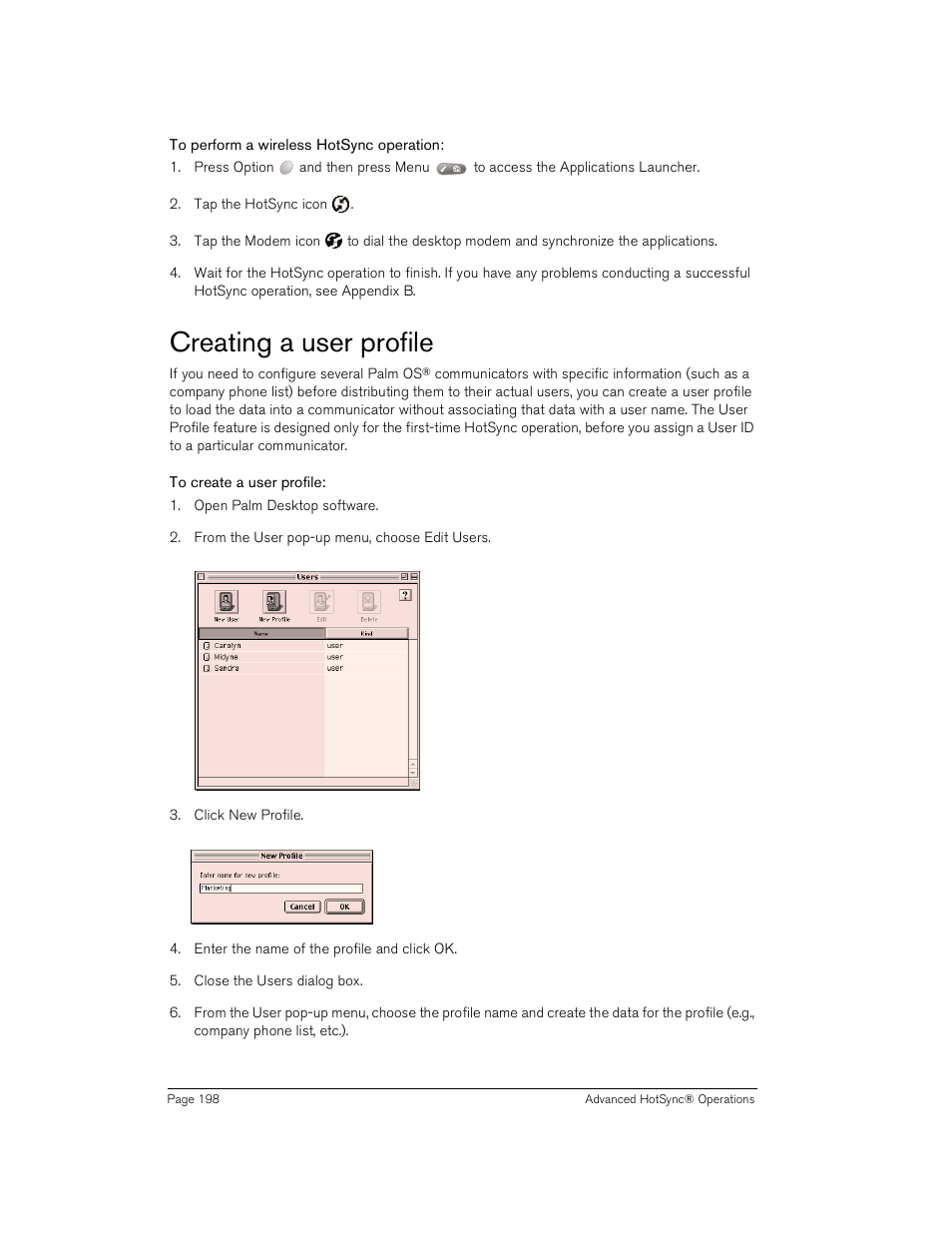 To perform a wireless hotsync operation, Creating a user profile, To create a user profile | Handspring Treo 180 User Manual | Page 198 / 235