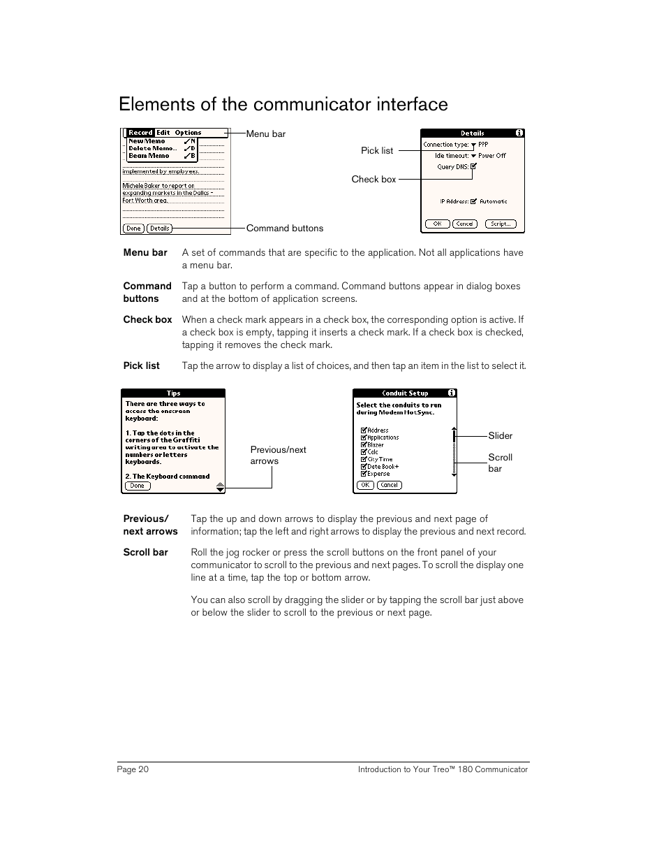 Elements of the communicator interface | Handspring Treo 180 User Manual | Page 20 / 235