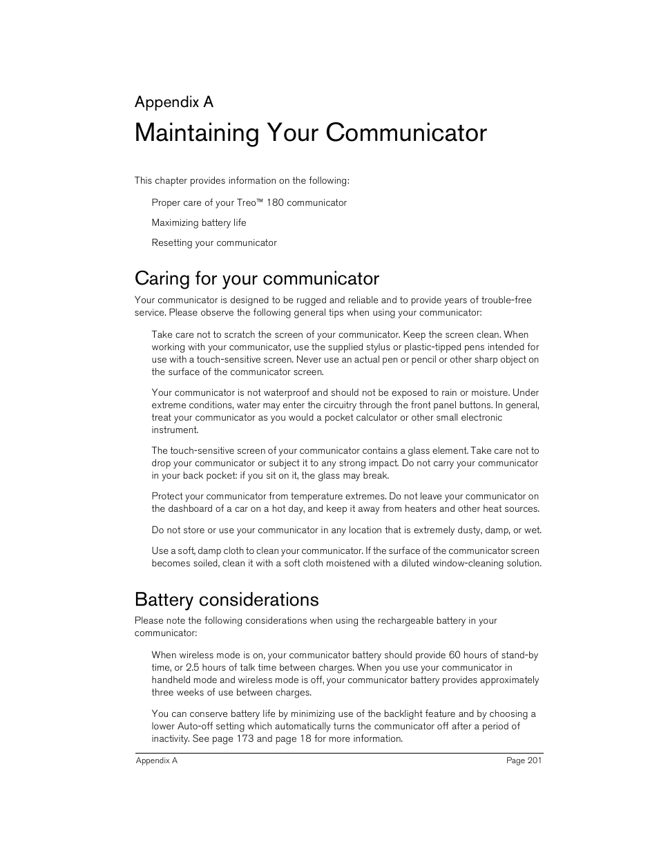 Maintaining your communicator, Caring for your communicator, Battery considerations | Appendix a | Handspring Treo 180 User Manual | Page 201 / 235