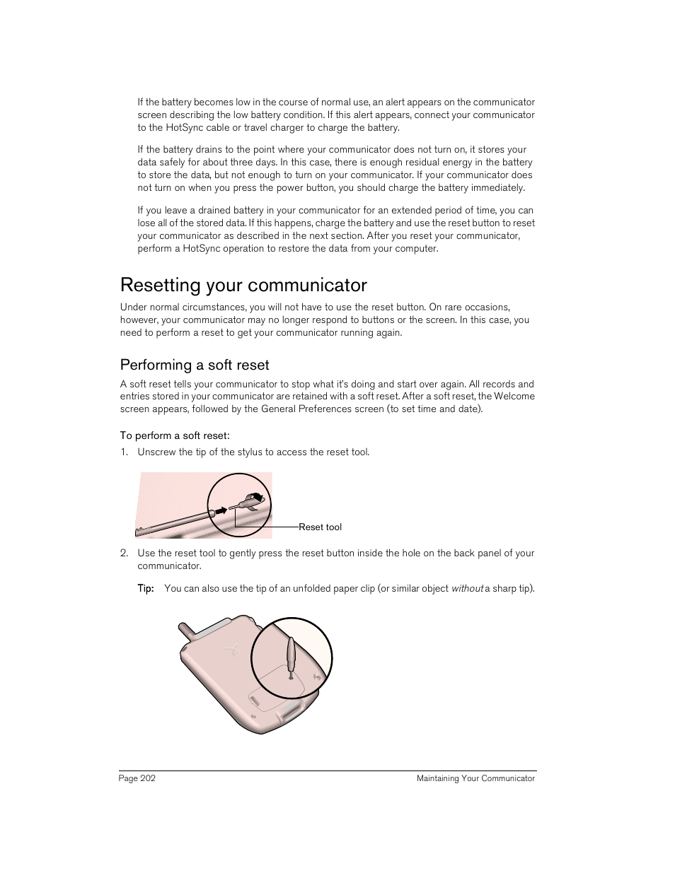 Resetting your communicator, Performing a soft reset, To perform a soft reset | Handspring Treo 180 User Manual | Page 202 / 235