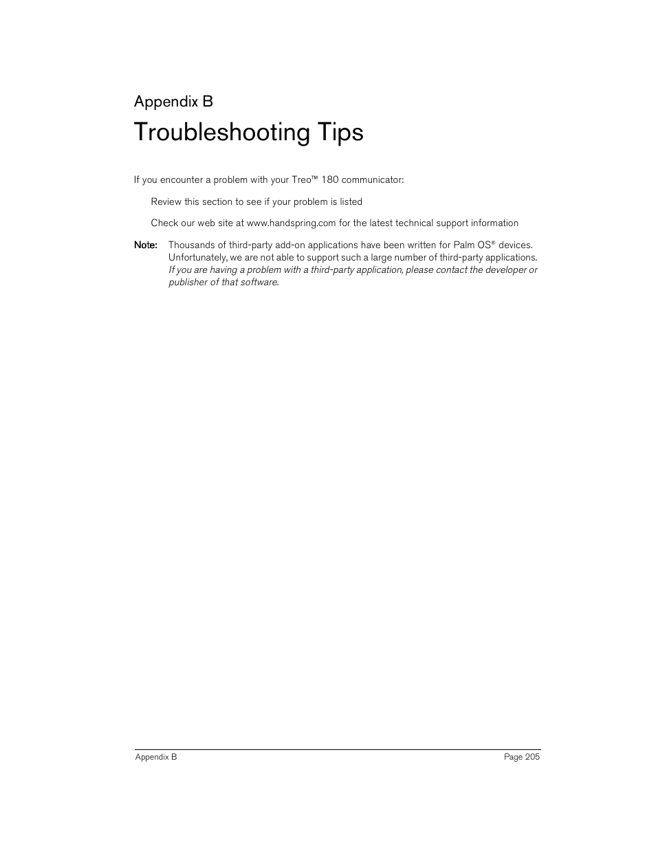 Troubleshooting tips, Appendix b | Handspring Treo 180 User Manual | Page 205 / 235