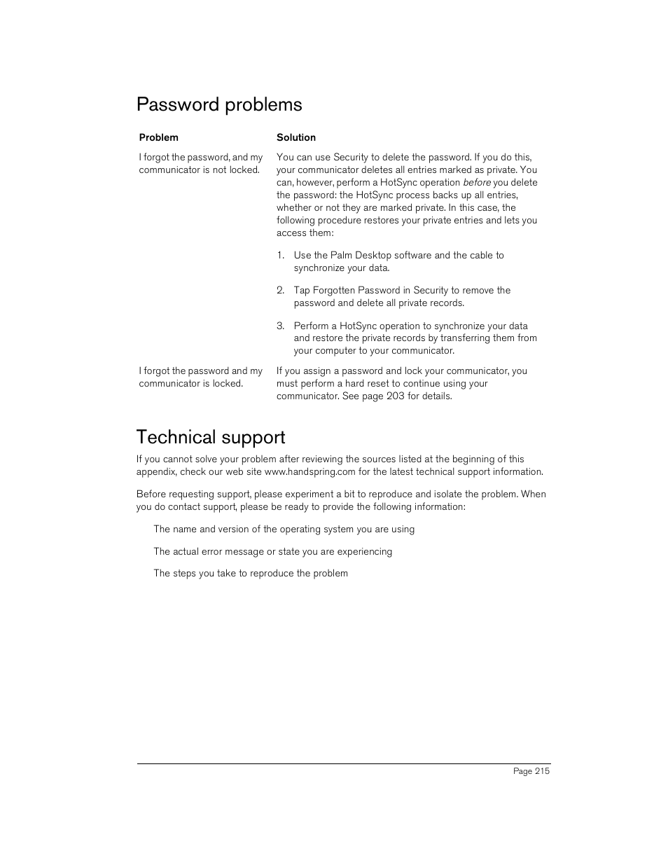 Password problems, Technical support, Password problems technical support | Handspring Treo 180 User Manual | Page 215 / 235