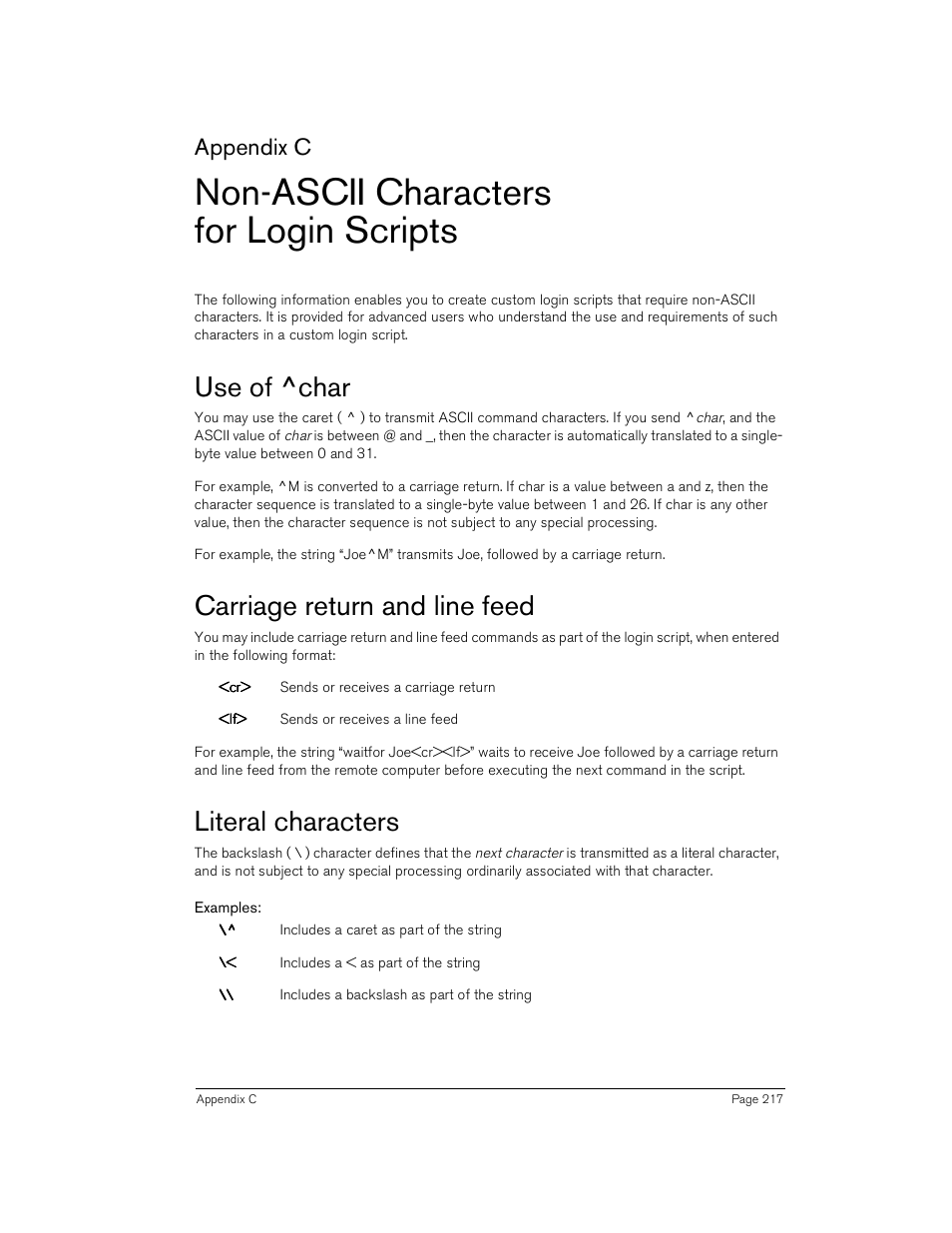 Non-ascii characters for login scripts, Use of ^char, Carriage return and line feed | Literal characters, Examples, Appendix c | Handspring Treo 180 User Manual | Page 217 / 235