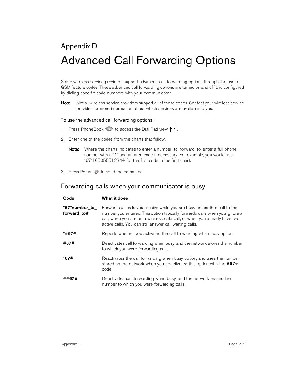 Advanced call forwarding options, To use the advanced call forwarding options, Forwarding calls when your communicator is busy | Appendix d | Handspring Treo 180 User Manual | Page 219 / 235