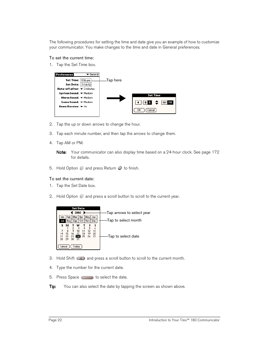 To set the current time, To set the current date | Handspring Treo 180 User Manual | Page 22 / 235