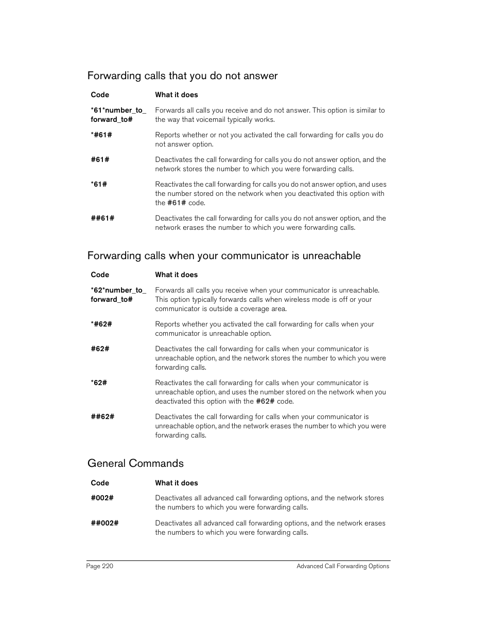 Forwarding calls that you do not answer, General commands | Handspring Treo 180 User Manual | Page 220 / 235