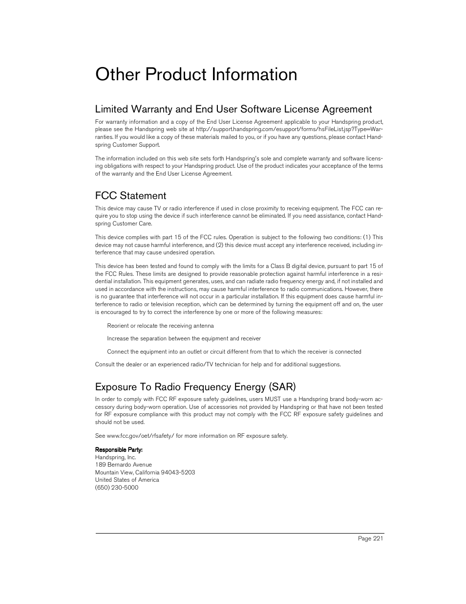 Other product information, Fcc statement, Exposure to radio frequency energy (sar) | Handspring Treo 180 User Manual | Page 221 / 235