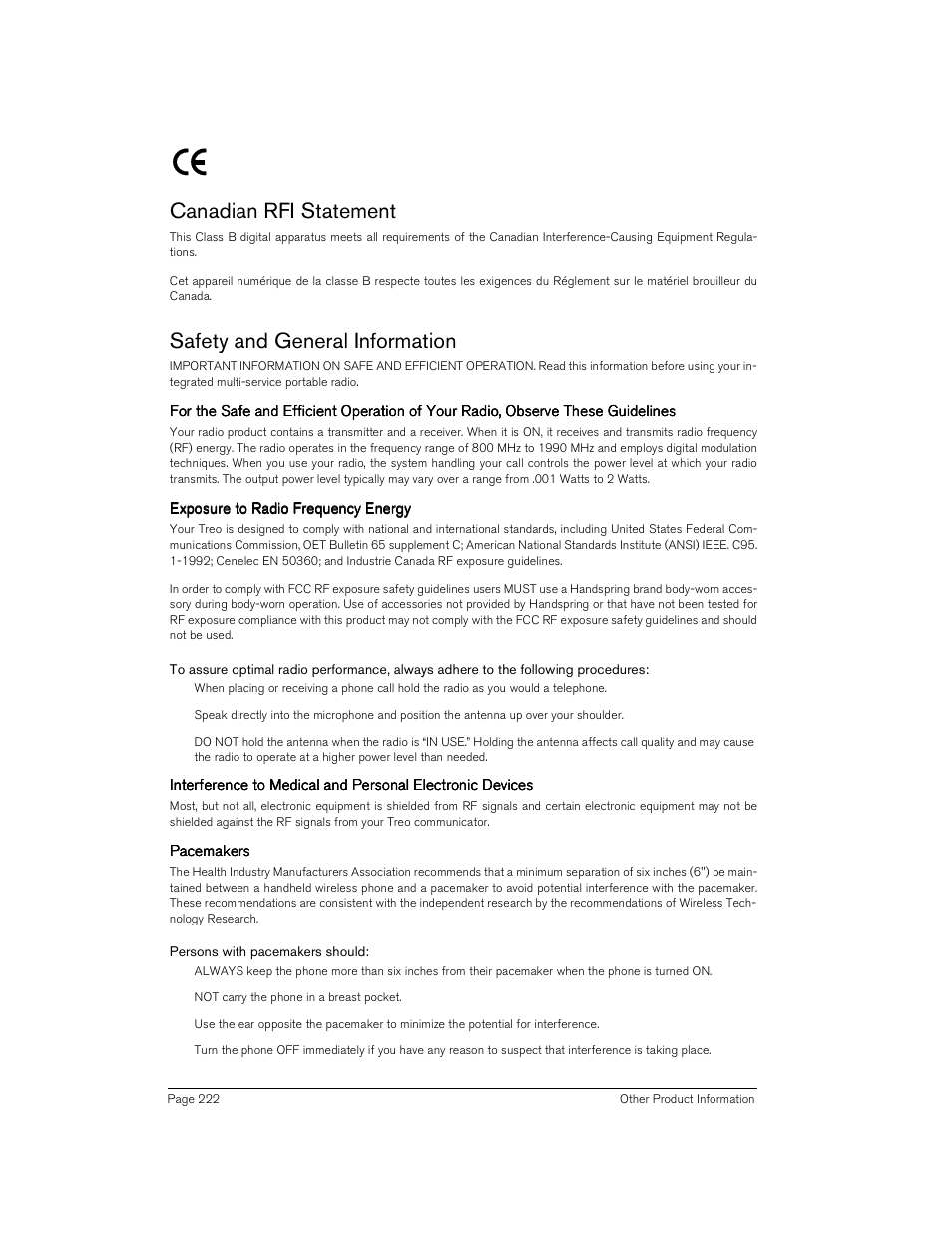 Canadian rfi statement, Safety and general information, Persons with pacemakers should | Handspring Treo 180 User Manual | Page 222 / 235