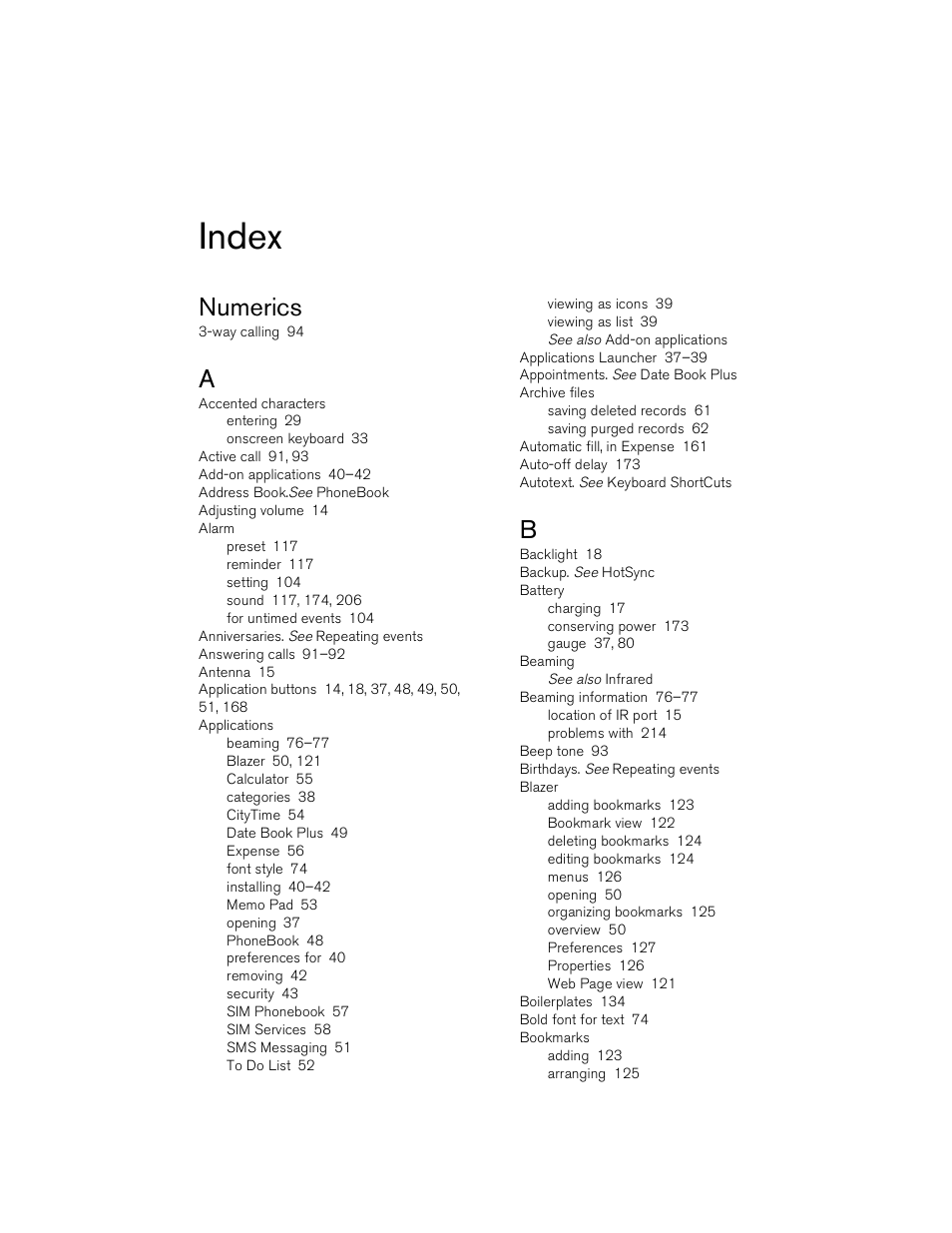 Index, Numerics | Handspring Treo 180 User Manual | Page 225 / 235