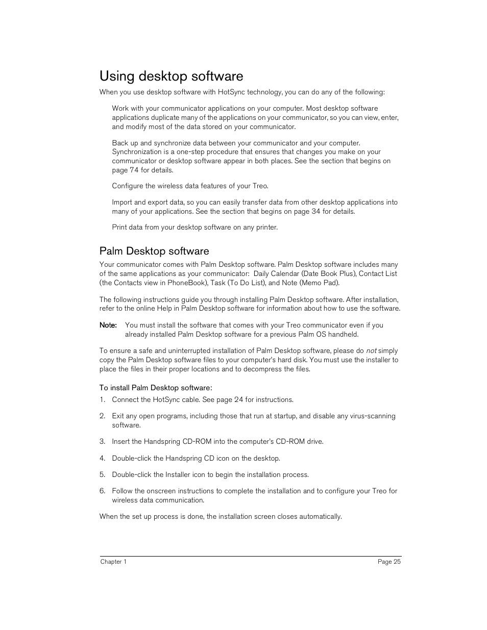 Using desktop software, Palm desktop software, To install palm desktop software | Handspring Treo 180 User Manual | Page 25 / 235