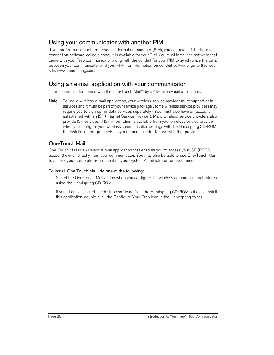 Using your communicator with another pim, Using an e-mail application with your communicator, One-touch mail | To install one-touch mail, do one of the following | Handspring Treo 180 User Manual | Page 26 / 235
