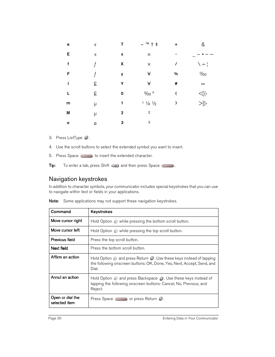 Navigation keystrokes | Handspring Treo 180 User Manual | Page 30 / 235