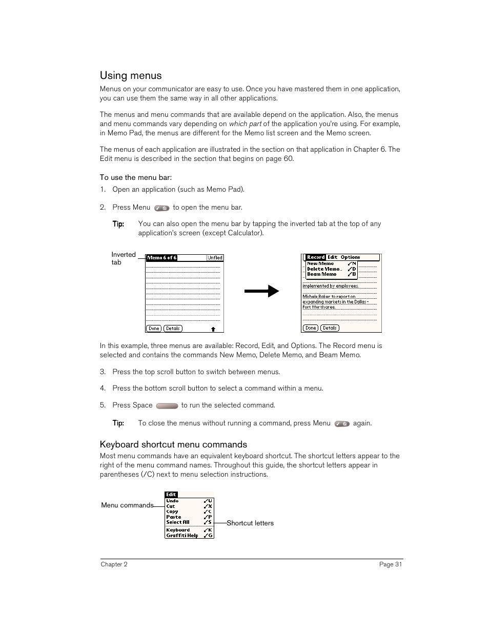 Using menus, To use the menu bar, Keyboard shortcut menu commands | Handspring Treo 180 User Manual | Page 31 / 235