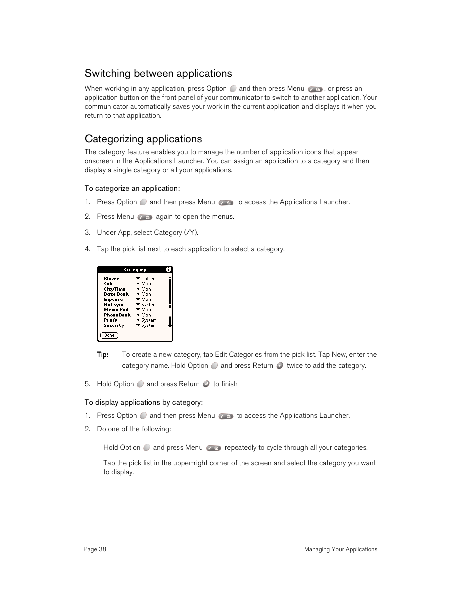 Switching between applications, Categorizing applications, To categorize an application | To display applications by category | Handspring Treo 180 User Manual | Page 38 / 235