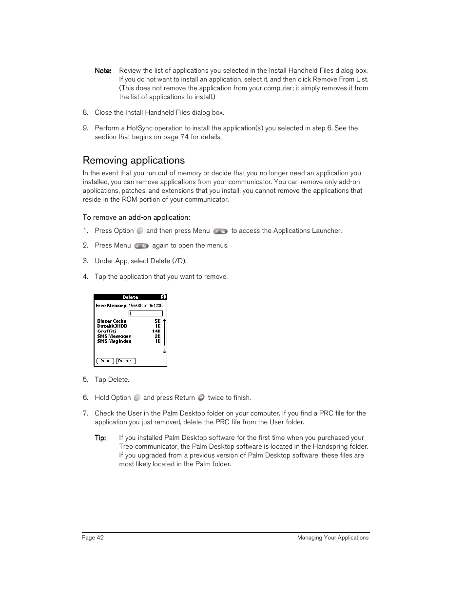 Removing applications, To remove an add-on application | Handspring Treo 180 User Manual | Page 42 / 235