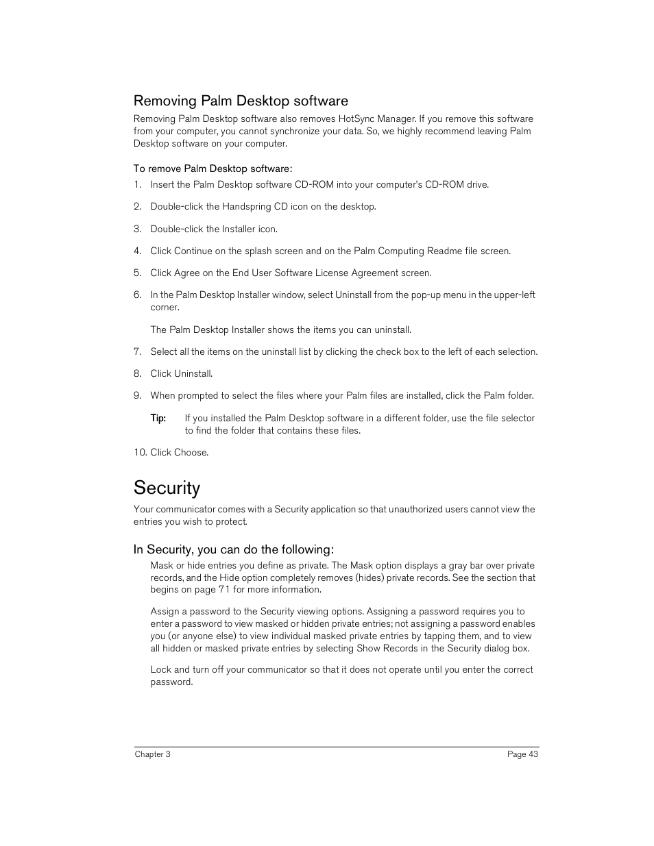 Removing palm desktop software, To remove palm desktop software, Security | In security, you can do the following | Handspring Treo 180 User Manual | Page 43 / 235