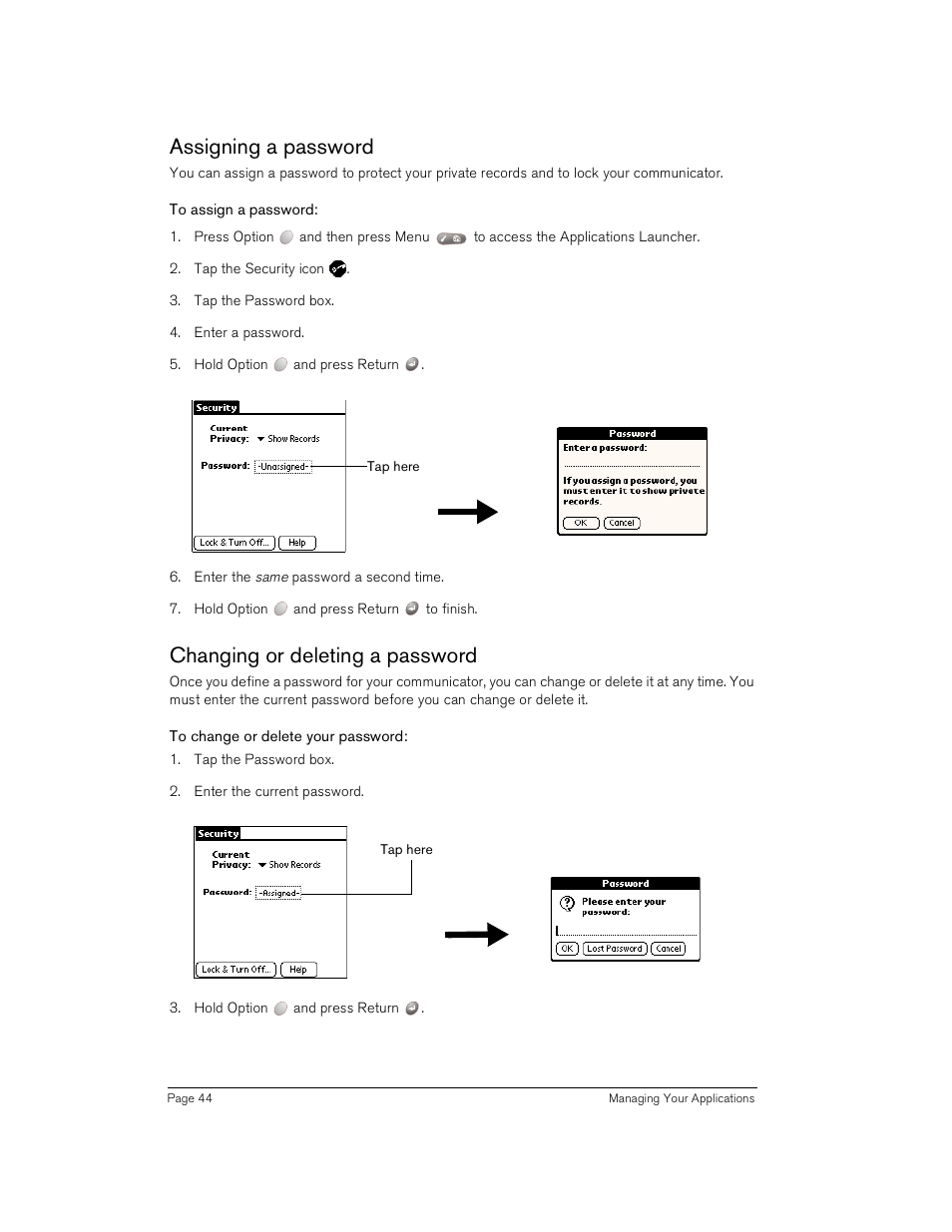 Assigning a password, To assign a password, Changing or deleting a password | To change or delete your password | Handspring Treo 180 User Manual | Page 44 / 235