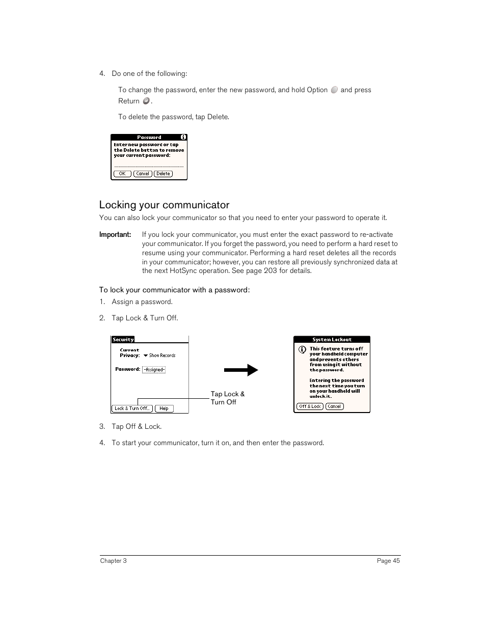 Locking your communicator, To lock your communicator with a password | Handspring Treo 180 User Manual | Page 45 / 235