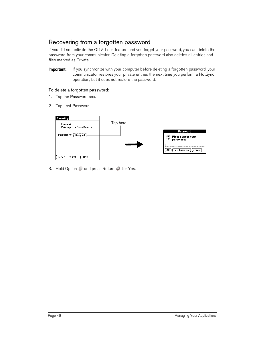 Recovering from a forgotten password, To delete a forgotten password | Handspring Treo 180 User Manual | Page 46 / 235