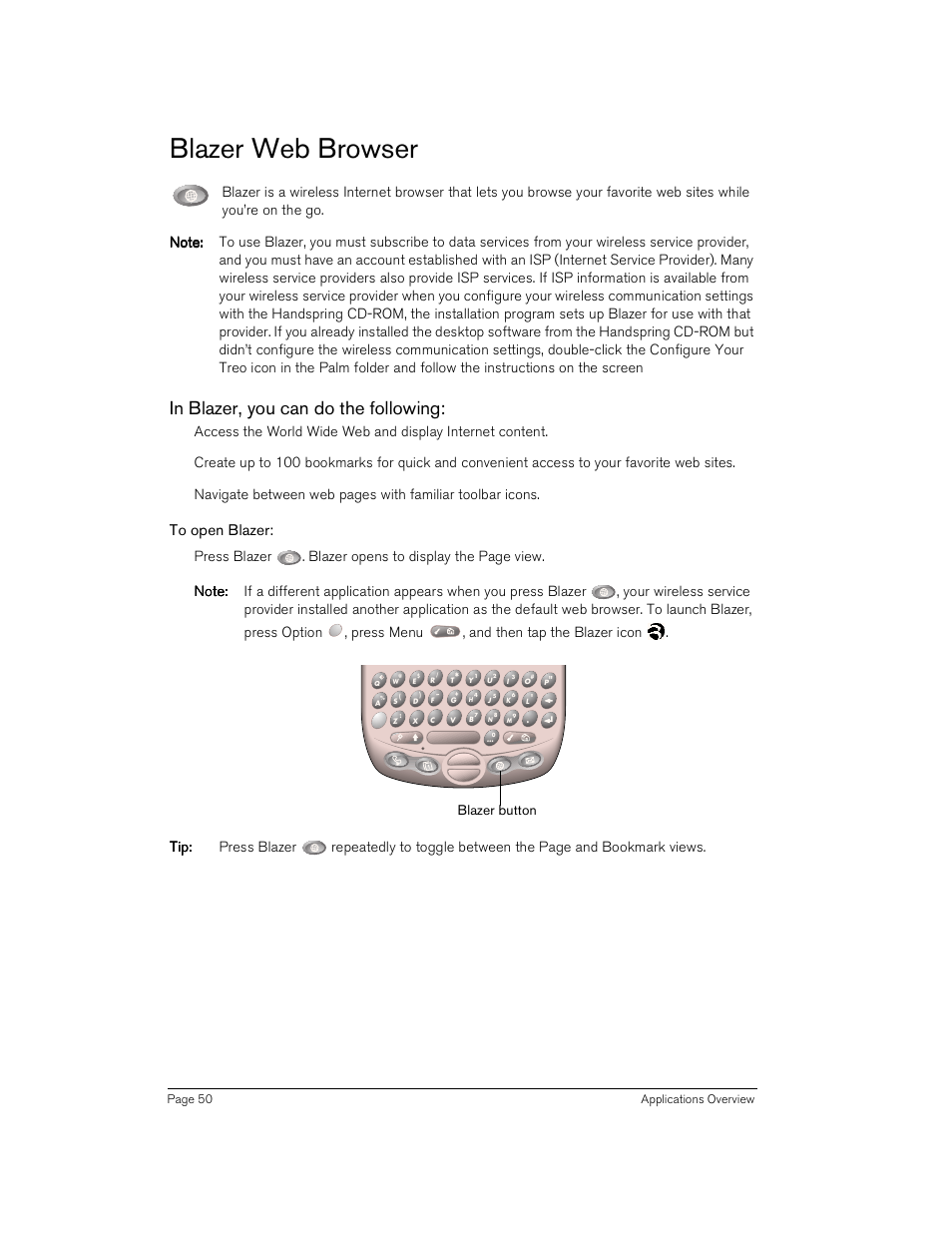 Blazer web browser, In blazer, you can do the following, To open blazer | Handspring Treo 180 User Manual | Page 50 / 235