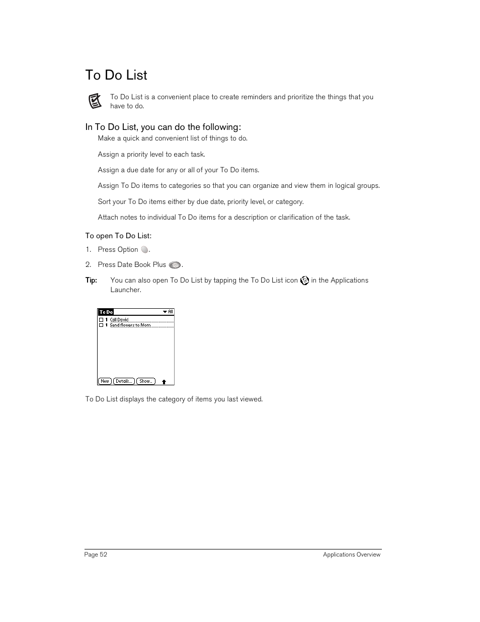 To do list, In to do list, you can do the following, To open to do list | Handspring Treo 180 User Manual | Page 52 / 235