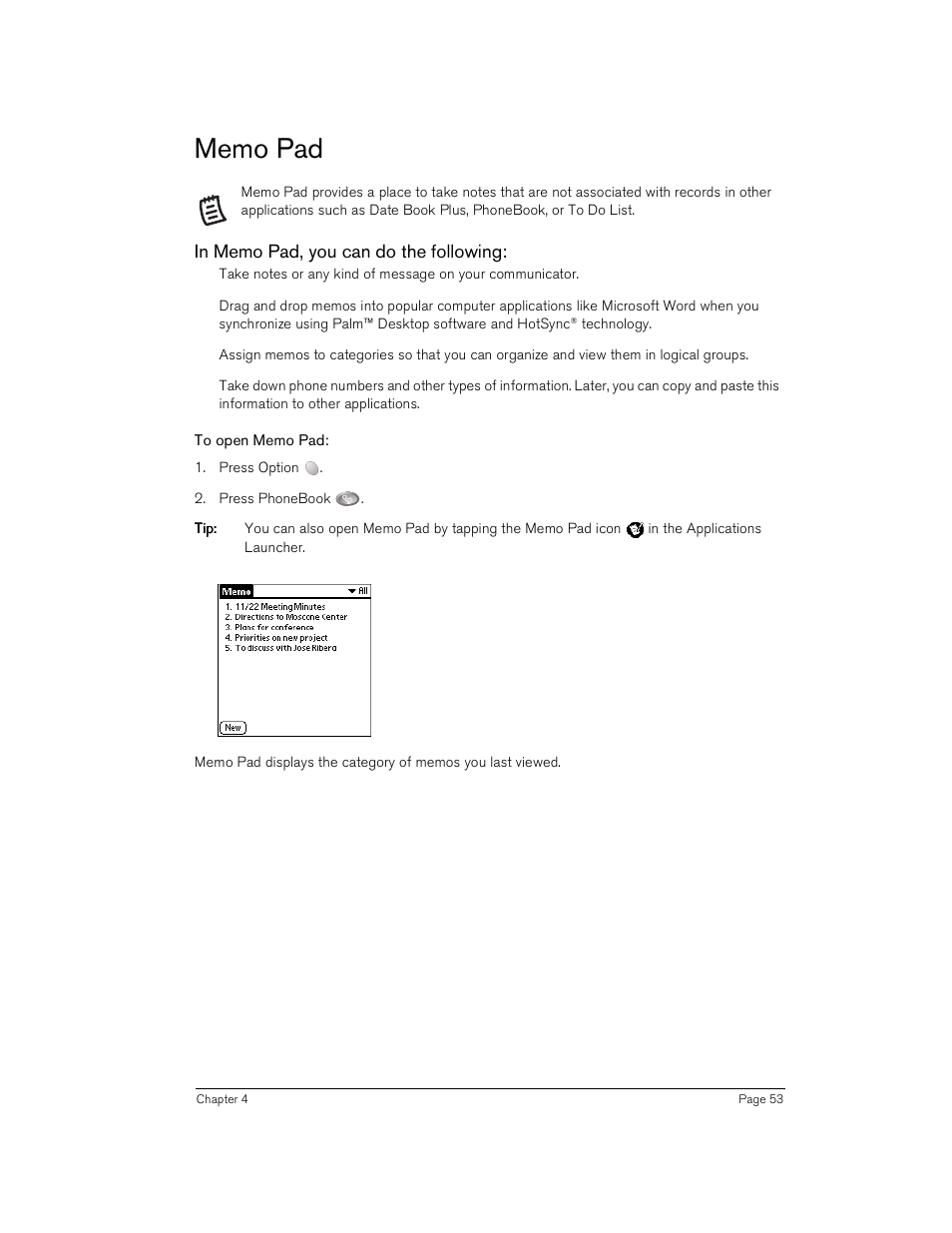 Memo pad, In memo pad, you can do the following, To open memo pad | Handspring Treo 180 User Manual | Page 53 / 235
