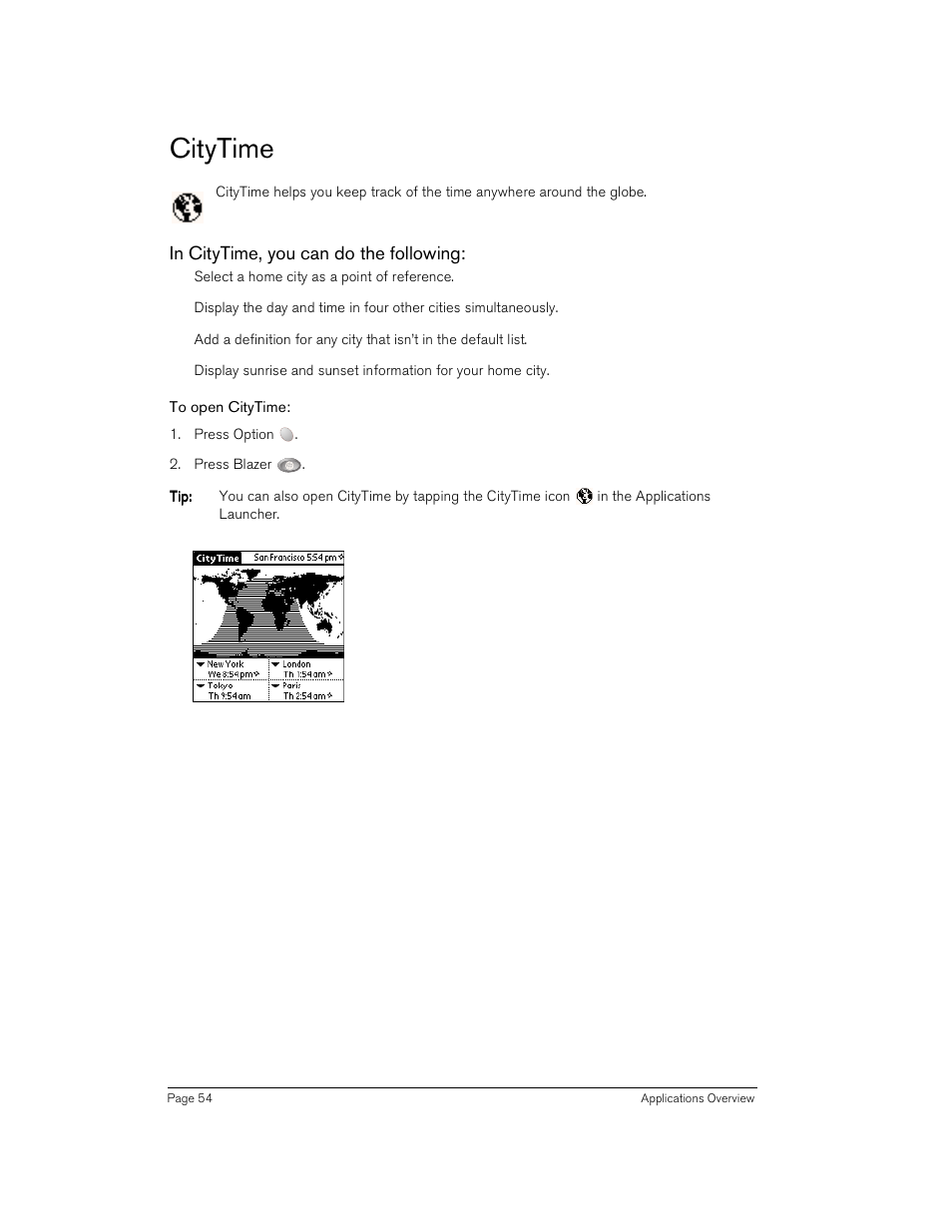 Citytime, In citytime, you can do the following, To open citytime | Handspring Treo 180 User Manual | Page 54 / 235