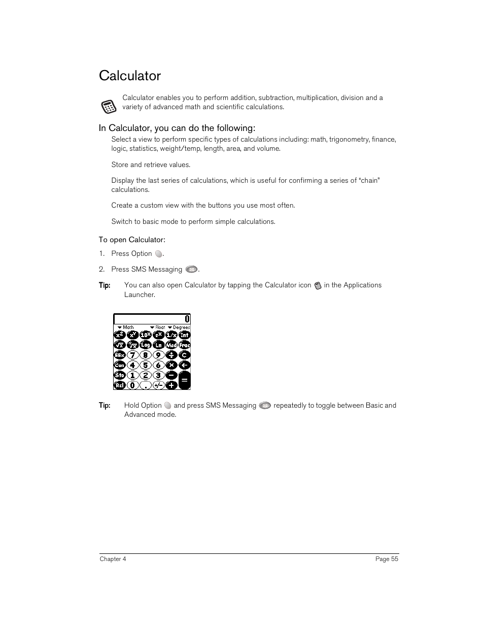 Calculator, In calculator, you can do the following, To open calculator | Handspring Treo 180 User Manual | Page 55 / 235
