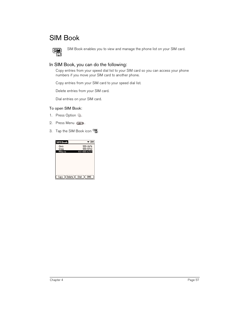 Sim book, In sim book, you can do the following, To open sim book | Handspring Treo 180 User Manual | Page 57 / 235