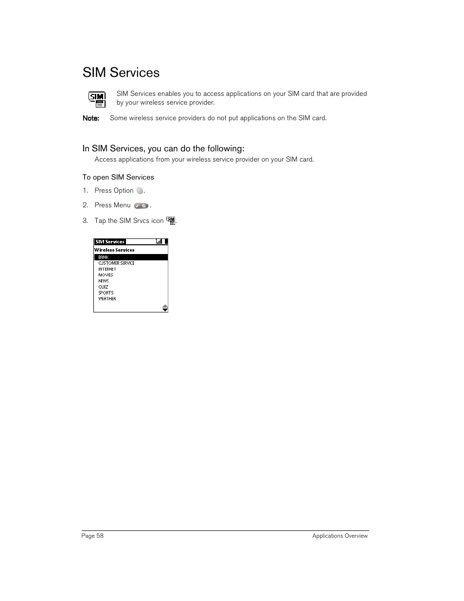 Sim services, In sim services, you can do the following, To open sim services | Handspring Treo 180 User Manual | Page 58 / 235