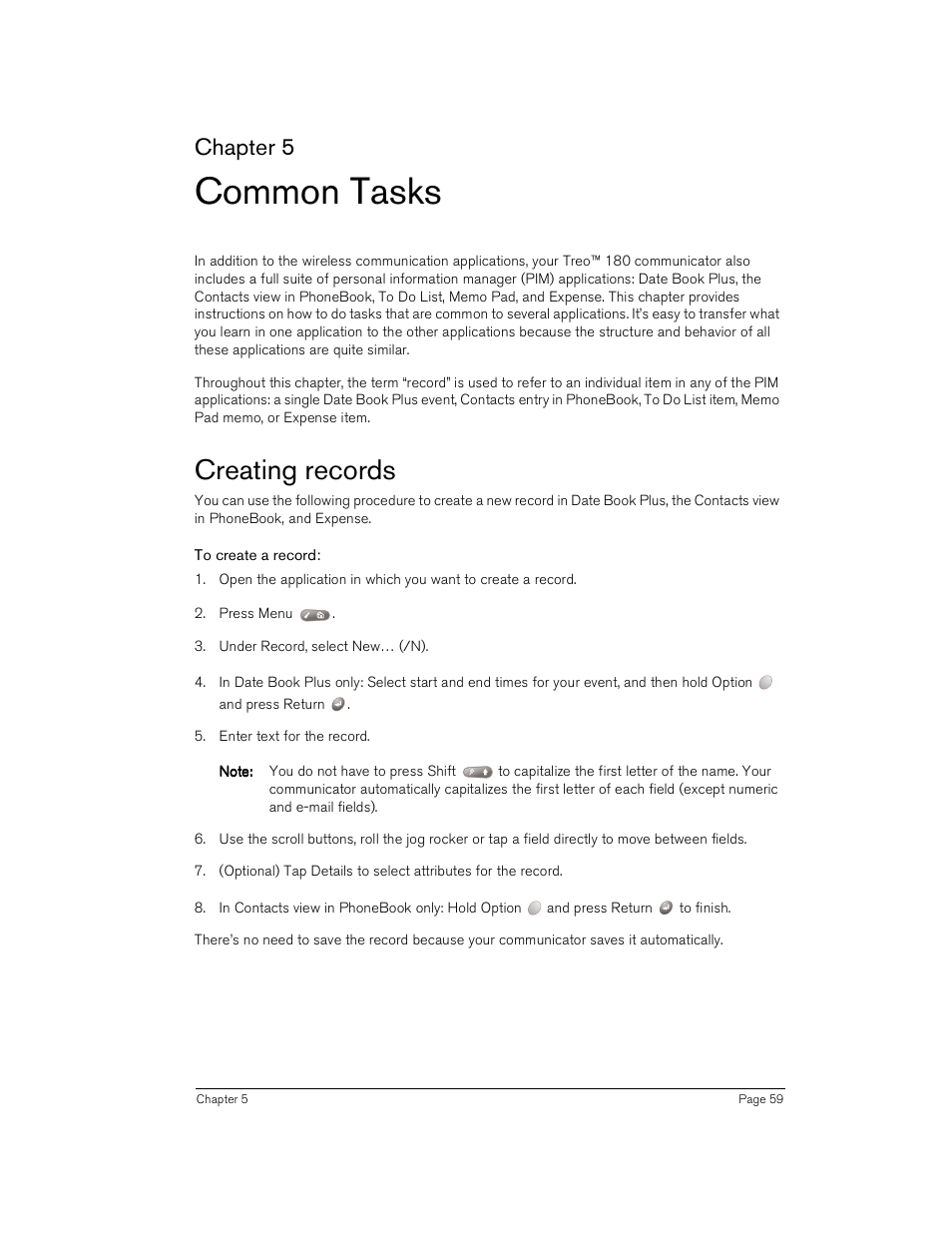 Common tasks, Creating records, To create a record | Chapter 5 | Handspring Treo 180 User Manual | Page 59 / 235