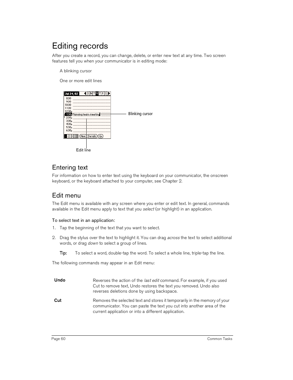 Editing records, Entering text, Edit menu | To select text in an application, Entering text edit menu | Handspring Treo 180 User Manual | Page 60 / 235