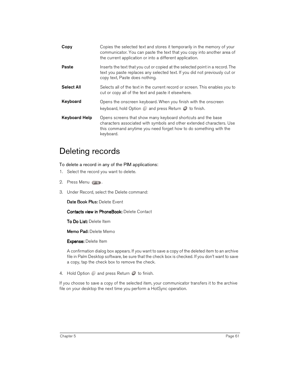 Deleting records, To delete a record in any of the pim applications | Handspring Treo 180 User Manual | Page 61 / 235