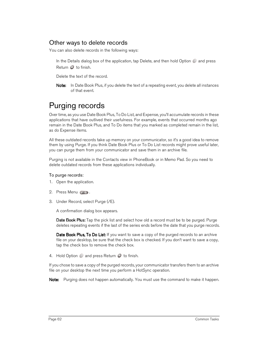 Other ways to delete records, Purging records, To purge records | Handspring Treo 180 User Manual | Page 62 / 235