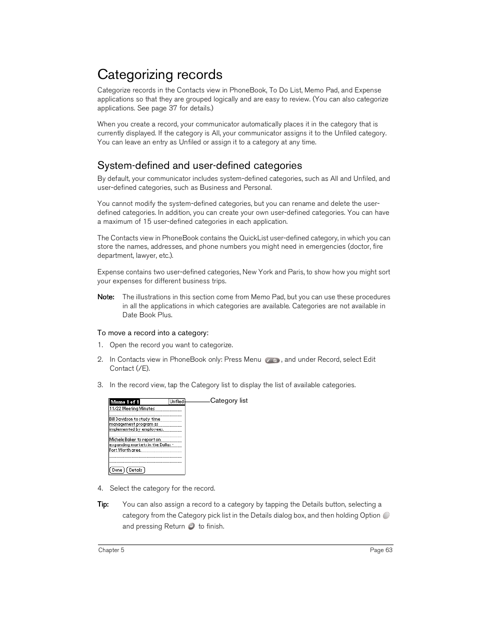 Categorizing records, System-defined and user-defined categories, To move a record into a category | Handspring Treo 180 User Manual | Page 63 / 235