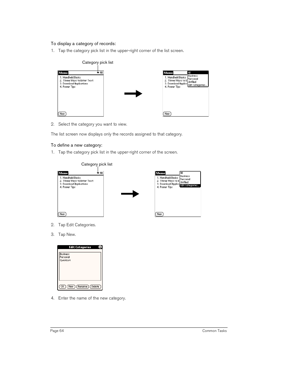 To display a category of records, To define a new category | Handspring Treo 180 User Manual | Page 64 / 235