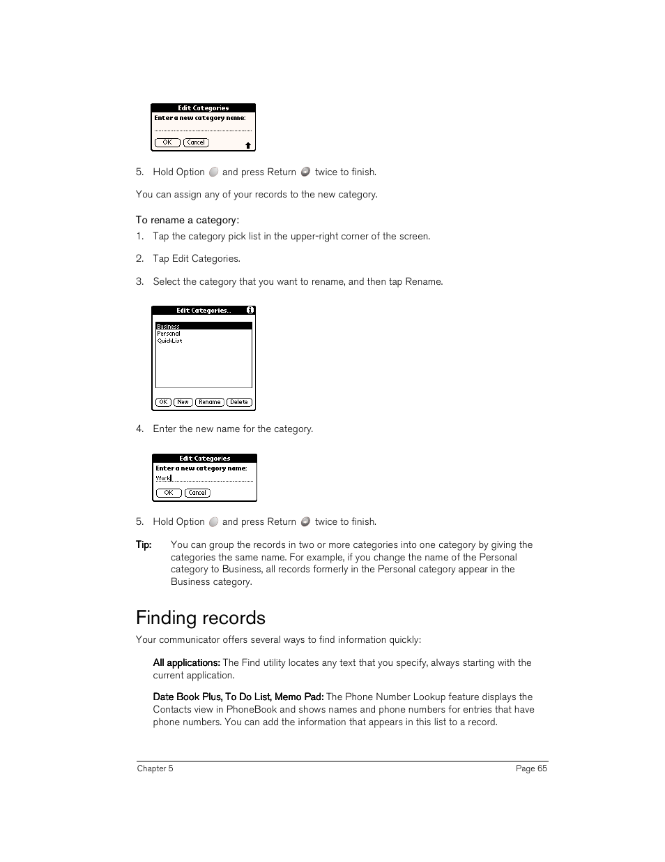 To rename a category, Finding records | Handspring Treo 180 User Manual | Page 65 / 235